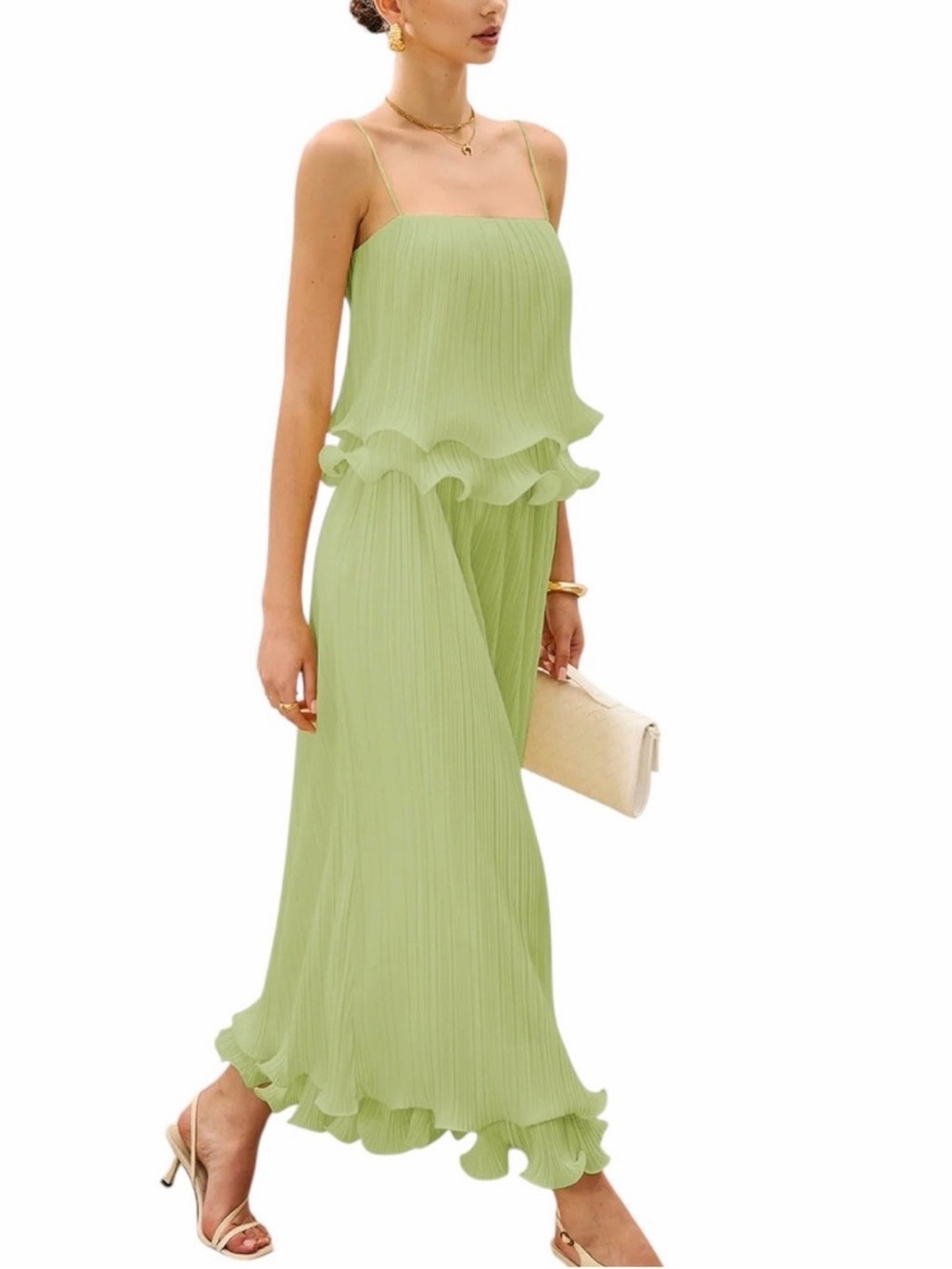 Commense Pistachio Green Pleated Ruffle Cami Midi Skirt Set XL NWT